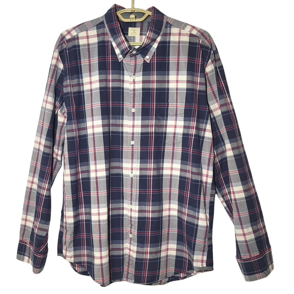 J.Crew Mens Blue Plaid Button Down Shirt 2-Ply 100% Cotton XL 17-17 1/2 Preppy